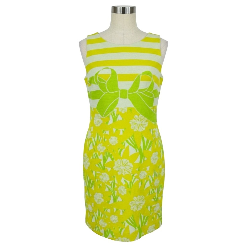 Lilly Pulitzer Womens Sheath Dress Floral Stripe Bow Yellow Green Size 2 *flaw